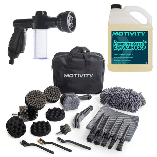 MOTIVITY Essential Foam Wash and Detail Kit – Includes Car Wash Soap, Spray Nozzle, and 21-Piece Brush Set-0